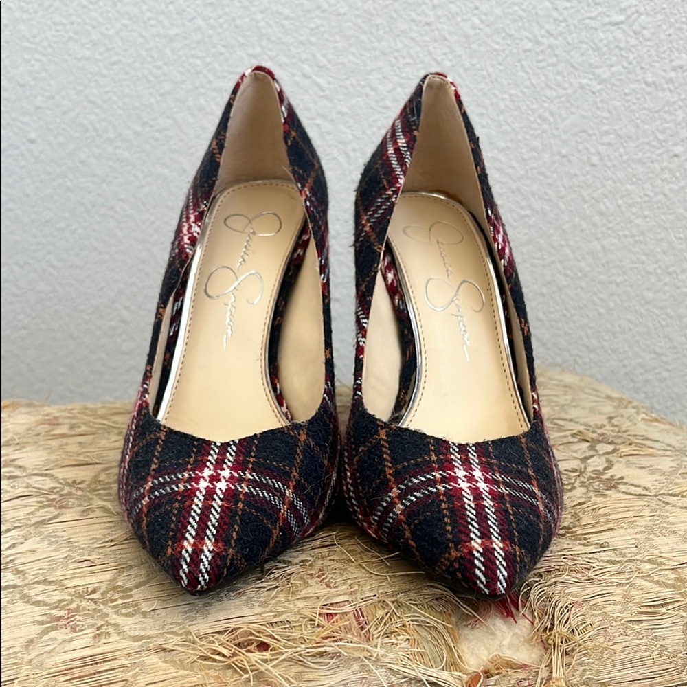 Jessica Simpson Blue and Red Heels with Plaid Pattern